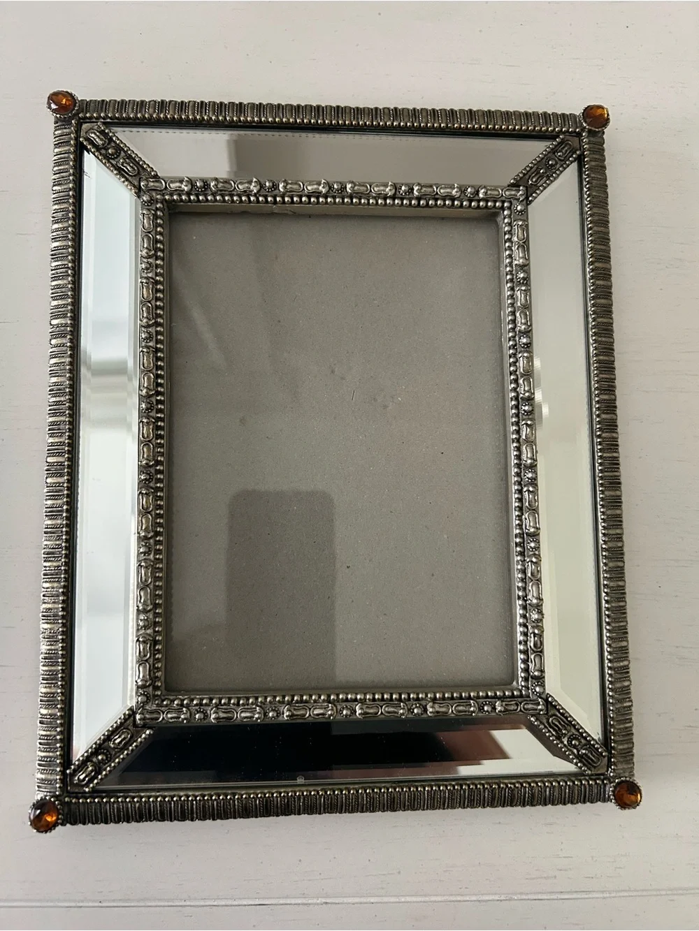 Ornate Silver Mirrored Photo Frame with Amber Crystal Accents